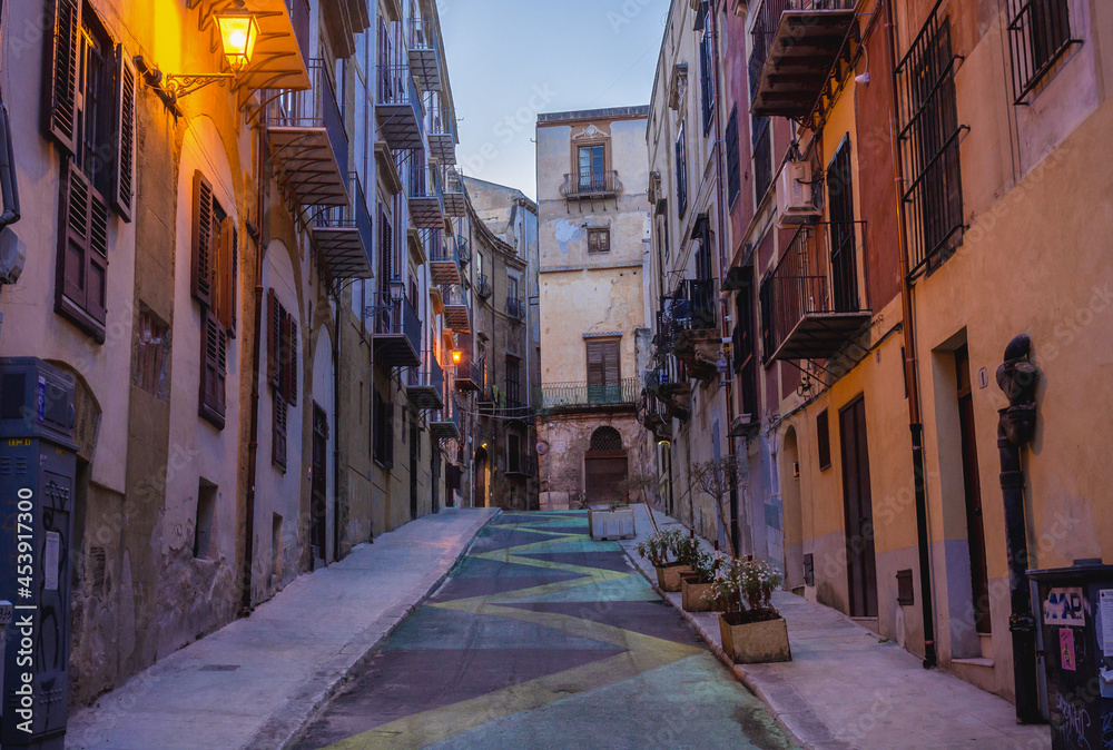 Narrow street in old part of Palermo city, Sicily Island, Italy