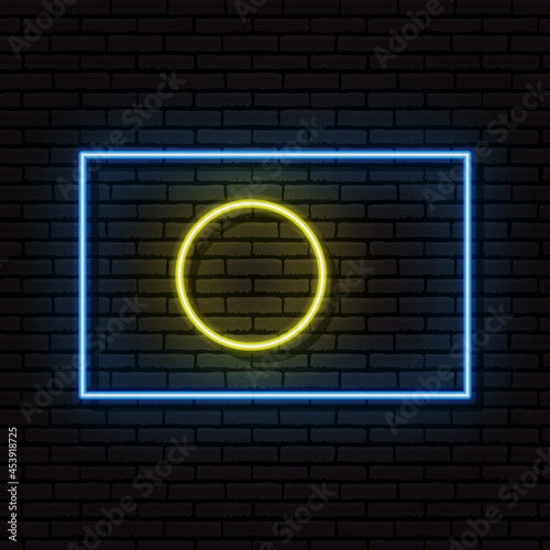 Neon sign in the form of the flag of Palau. Against the background of a brick wall with a shadow. For the design of tourist or patriotic themes.