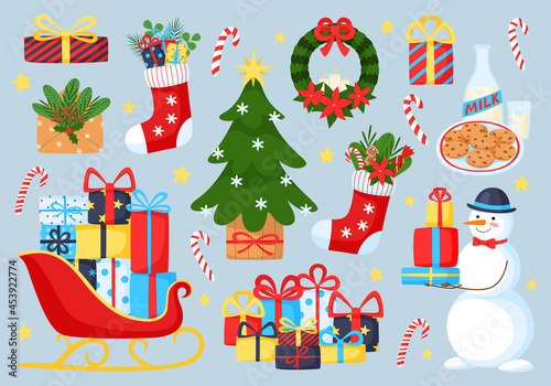 Winter and Christmas elements set. Colorful vector items. Illustration with Christmas and New Year objects and symbols. Design for prints and cards.