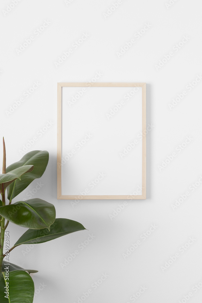 Fototapeta Wooden frame mockup on the wall with a ficus plant.