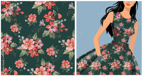 Seamless vector vintage floral pattern for gift wrap, fabric, cover and interior design with flowers. And example of usage with mock up pattern. Red retro flowers