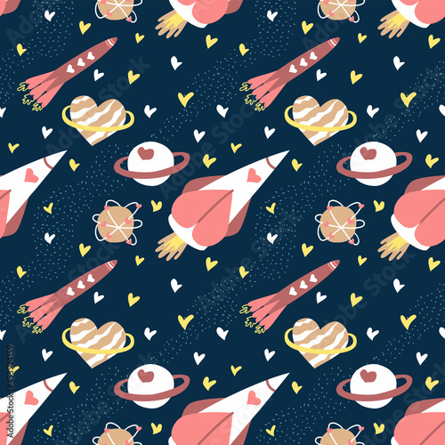 Unique seamless vector pattern with rocket and hearts in space. Valentine's day wrapping paper print. Love and space