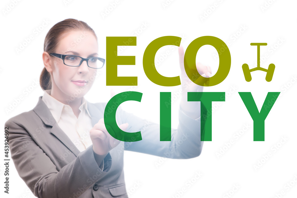 Ecocity ecology concept with businesswoman Ecocity ecology concept with businesswoman