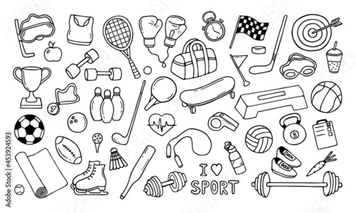 Set of sports and fitness equipment in doodle style with ball, tennis racket, medal, dumbbell, cup, gloves .  Hand drawn vector illustration isolated on white background. 