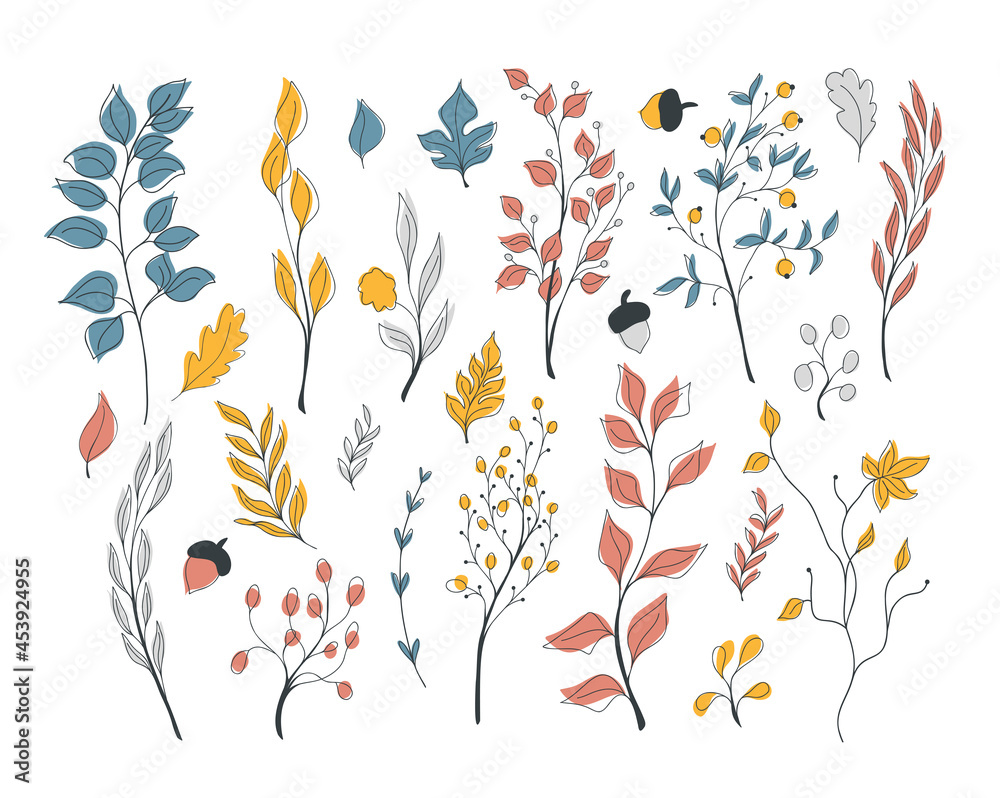 Vector autumn set with red, blue, and yellow doodle elements of branches with leaves, flowers and berries, foliage, anchors. Hello, autumn. Collections of elements for decoration, design, greeting