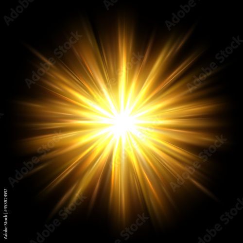 Yellow sun rays. Glowing light effect, radial golden rays and warm overlay vector background