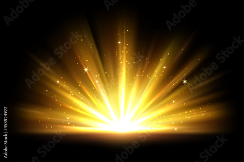 Magic golden light effect with shiny glitter sparks. Warm sun rays, shining lights burst overlay vector background