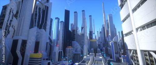 Bright and clean city of a future. Futuristic cityscape. Skyscrapers with blue neon lights. Urban landscape. Cyberpunk wallpaper. 3D illustration.