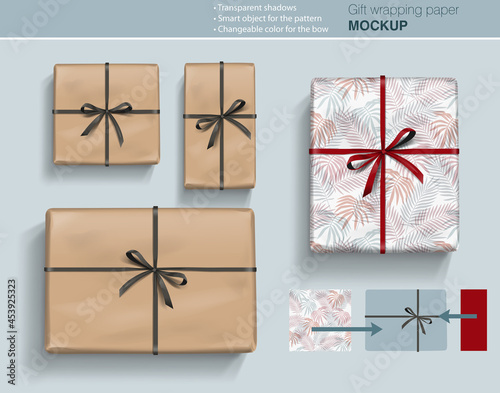 Vector gift paper box mock up with bow on light background with transparent shadows. Wrapping paper  template for your design. 