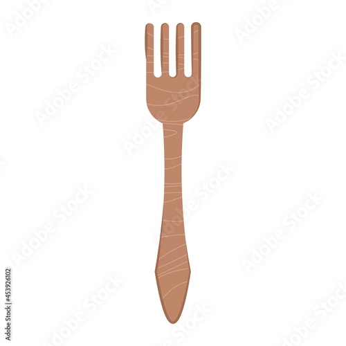 Wooden  fork  on white background. Vector flat illustration. Zero waste eco bamboo wooden fork.
