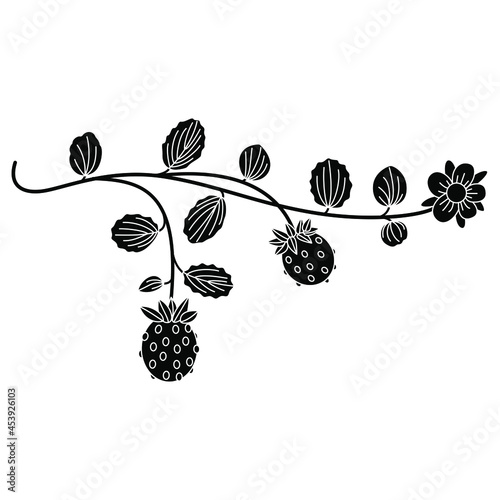 Branch of strawberry plant with berries, leaves and a flower. Illuminated manuscript floral motif. Black and white negative silhouette.