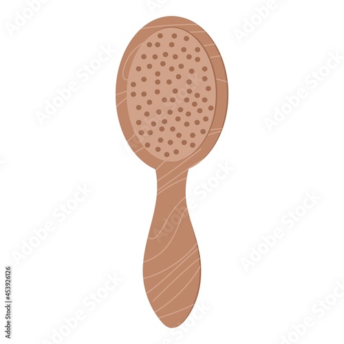 Wooden hair comb isolated on white background. Vector flat illustration. Natural hair care. Zero waste eco bamboo wooden comb or hairbrush.