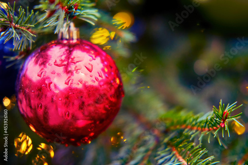 Large red ball on a green branch christmas tree, copy space