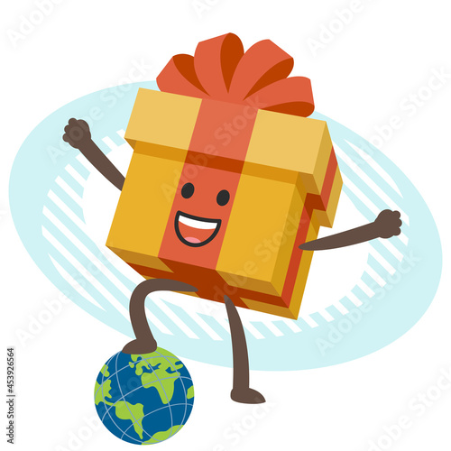 Cartoon Gift Box Character keeping his foot above the planet
