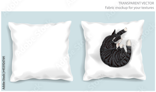 Vector soft fabric pillow mock up for your design. Gray cat slipping on the cushion. Pillows with transparent shadows. View from the top