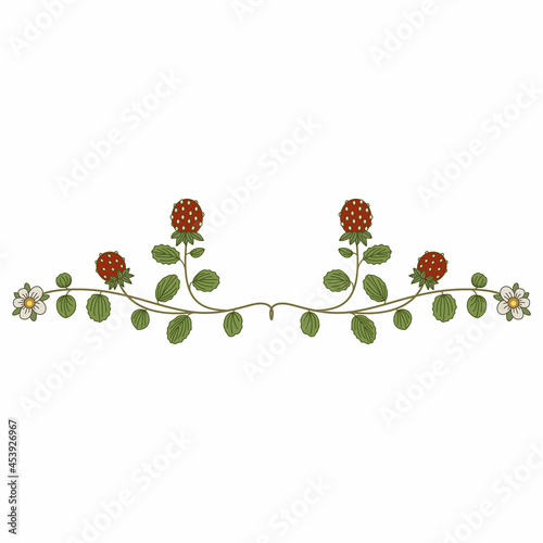 Symmetrical floral border with two strawberry blanches. Illuminated manuscript botanical motif.