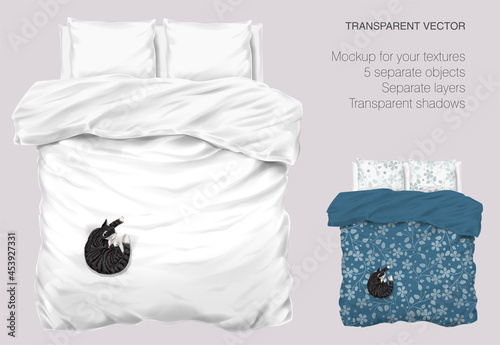 Vector blank white bed mock up for your design and fabric textures. Pillows and blanket with transparent shadows. Gray cat slipping on the bed. View from the top