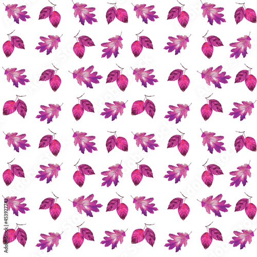 Hand painted purple watercolor seamless pattern with autumn leaves isolated on white background. Thanksgiving and halloween home decorations, interior print, postcards, wrapping and scrapbooking paper