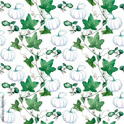 Hand painted watercolor seamless pattern with isolated white pimpkins, leaves, green decorations. For interior textile, wrapping paper, thanksgiving and helloween home decor, fabric print, postcards
