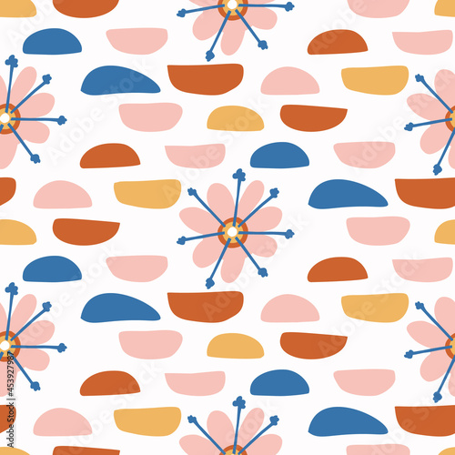 Abstract playful color style cut out shape pattern. Seamless modern simple lino cut style design for retro kids all over print. Trendy geometric home decor, kid fashion, wallpaper in vector repeat. 
