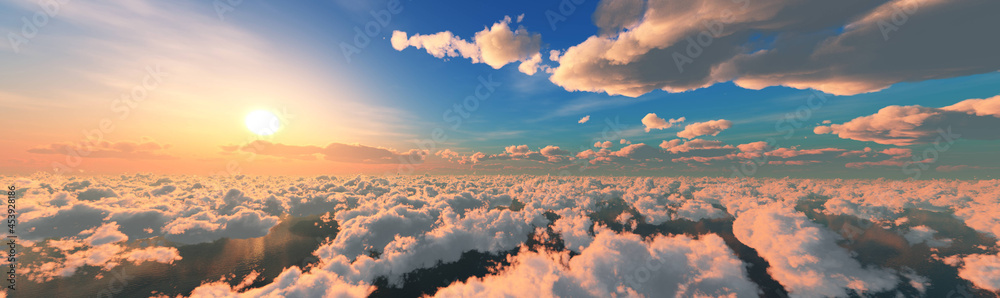 Sunrise over the clouds. Sunset over the clouds. The sun in the clouds. Panorama of clouds. 3d rendering.
