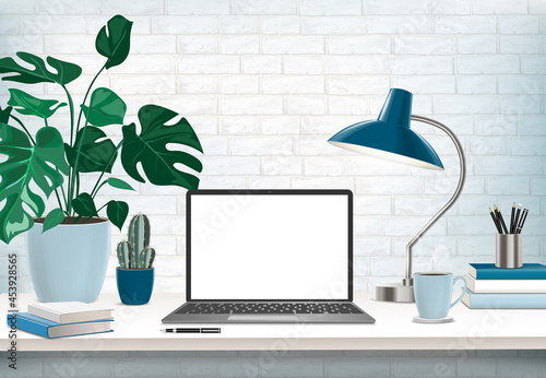 Co-working office interior with mock-up laptop, coffee cup, stationery, plants on a computer table.  Font view workspace vector editable illustration