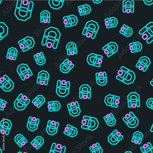 Line Rafting boat icon isolated seamless pattern on black background. Inflatable boat with paddles. Water sports, extreme sports, holiday, vacation. Vector