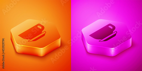 Isometric Coffee cup icon isolated on orange and pink background. Tea cup. Hot drink coffee. Hexagon button. Vector