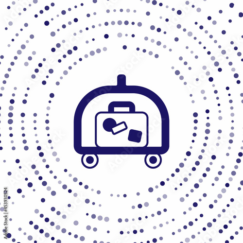 Blue Hotel luggage cart with suitcase icon isolated on white background. Traveling baggage sign. Travel luggage icon. Abstract circle random dots. Vector
