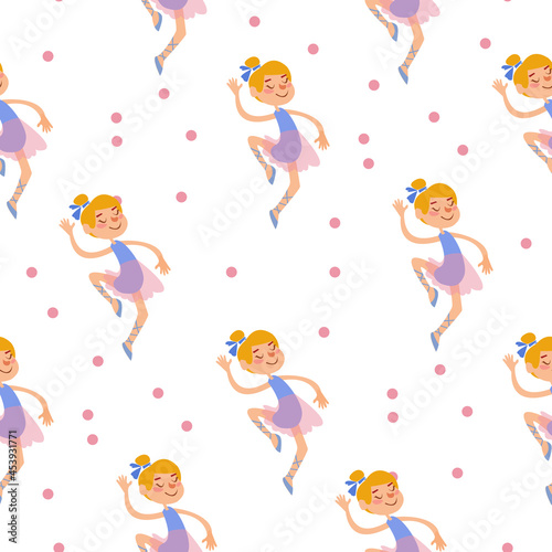 Seamless pattern with cartoon cute ballerinas in a pink dress on a white background. Children's drawing hand-drawn with girls in the style of Scandinavian minimalism. Vector illustration for kids