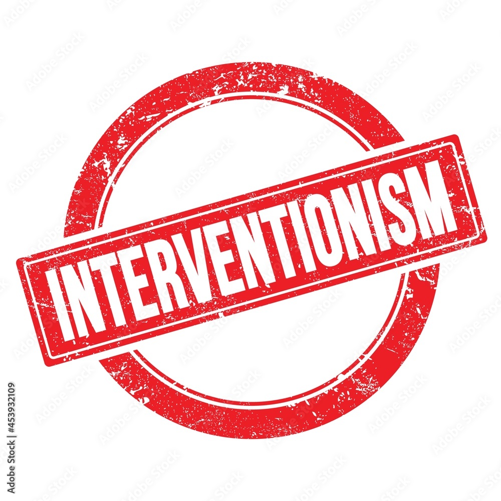 INTERVENTIONISM text on red grungy round stamp. INTERVENTIONISM text on red grungy round stamp.