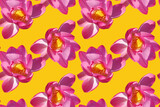 Seamless pattern with pink lotus flowers on a yellow background.