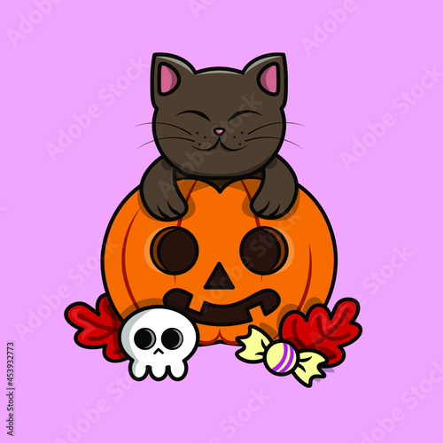 Cartoon style cat. Pumpkin with a skull. Halloween theme. Flat vector illustration. 