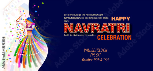 Illustration of couple playing Garba and Dandiya in Navratri Celebration and disco,  Gujarati Garba Night poster for Navratri Dussehra festival of India