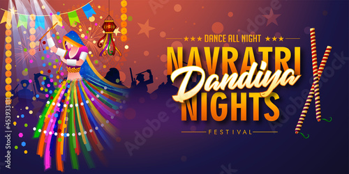 Illustration of couple playing Garba and Dandiya in Navratri Celebration and disco,  Gujarati Garba Night poster for Navratri Dussehra festival of India