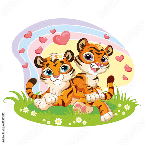 Cute cartoon vector two loving tiger cubs with hearts