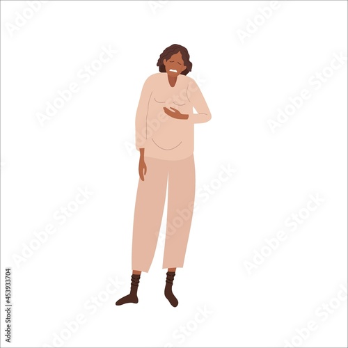 Nausea and vomiting during pregnancy. Pregnant woman experiences stomach discomfort. African American Woman suffers from vomiting, feel bad. Flat vector illustration Pregnancy symptoms concept