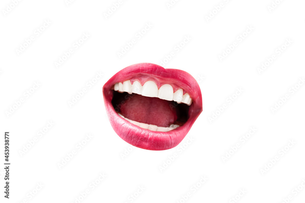 Open female mouth with red lips and white teeth painted with lipstick, isolated on white - obrazy, fototapety, plakaty 