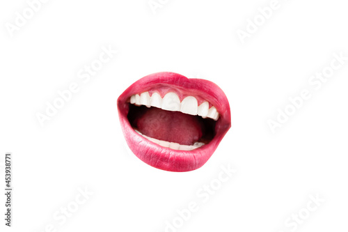 Open female mouth with red lips and white teeth painted with lipstick, isolated on white photo