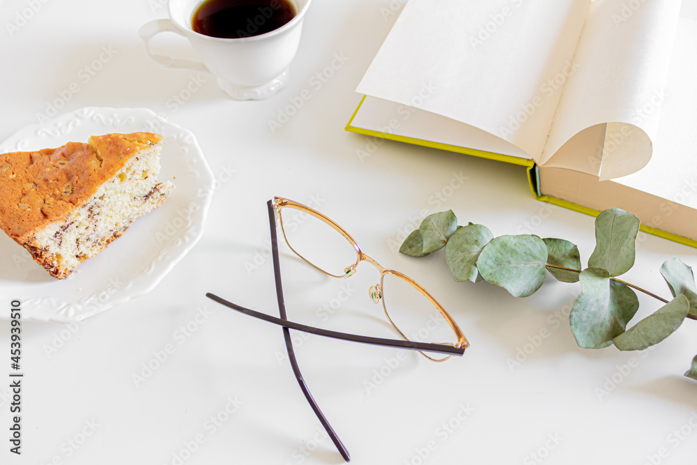 Breakfast composition on withe background. Flat lay, top view. Morning routine concept.