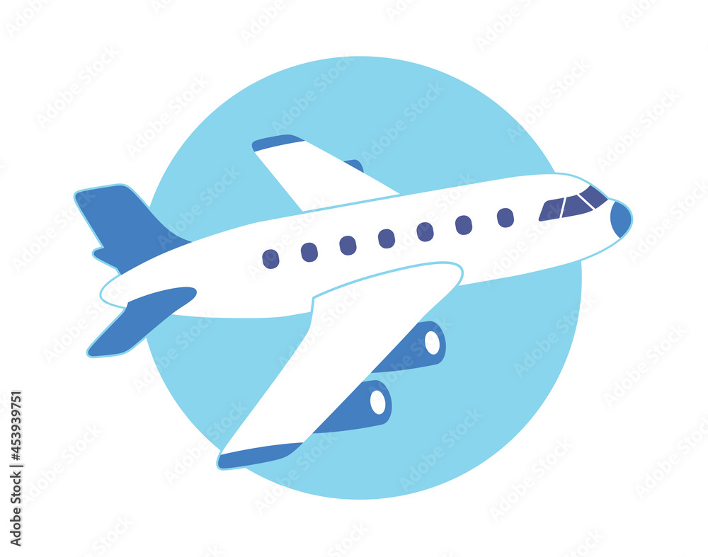 White jet airplane in blue sky fly up taking off vector illustration, cartoon icon flat design.