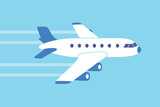 White jet airplane with trace in a blue sky, air travel vector illustration flat design.