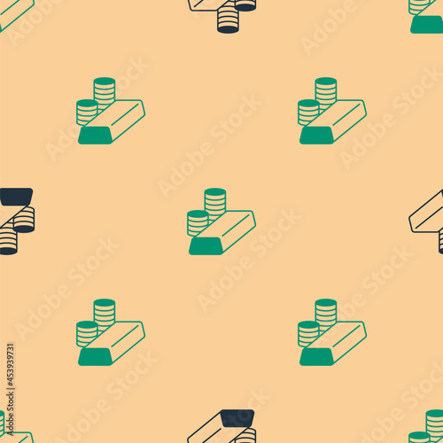 Green and black Gold coin with gold bars icon isolated seamless pattern on beige background. Banking currency sign. Cash symbol. Vector