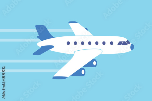 White jet airplane with trace in a blue sky, air travel vector illustration flat design.