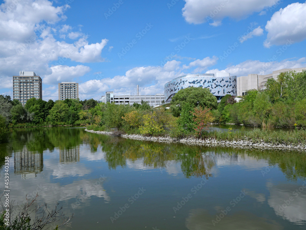 Toronto, Canada - August 30, 2021: View of York University campus from the west, with Lassonde School of Engineering beside the pond.