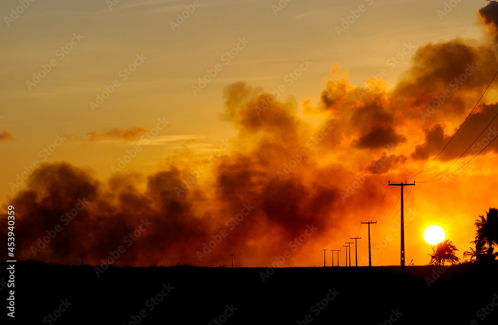 Electrifying posts with orange sunset sky background. Electrifying posts with orange sunset sky background.