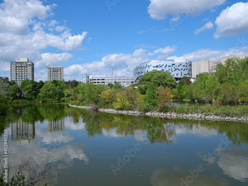 Obraz na plátně Toronto, Canada - August 30, 2021: View of York University campus from the west, with Lassonde School of Engineering beside the pond