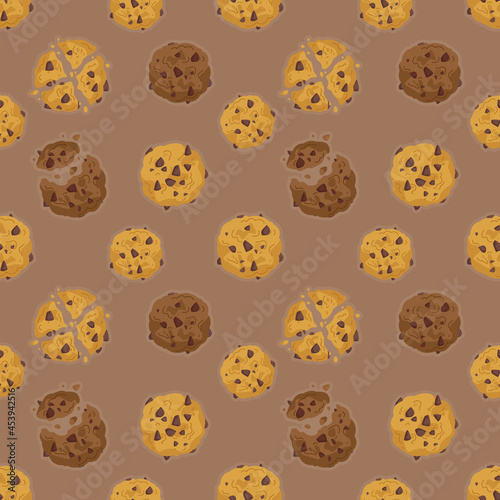 Seamless pattern with oatmeal cookies on a brown background. Chocolate baked goods. Suitable for kitchen textiles, print design, etc. Vector cute illustrations of homemade dessert in minimalist style