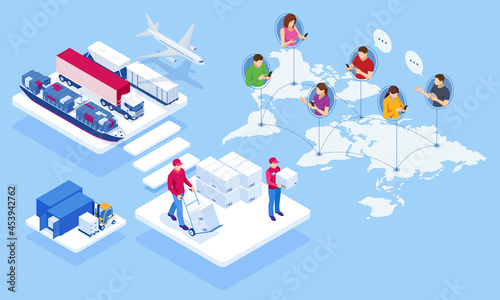 Global logistics network isometric illustration. Air cargo trucking rail transportation maritime shipping On-time delivery Vehicles designed to carry large numbers of cargo