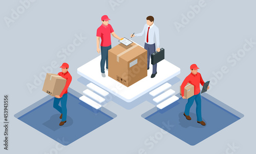 Global logistics network isometric illustration. Isometric Logistics and Delivery concept. Delivery home and office. City logistics. Warehouse, truck, forklift, courier. On-time delivery